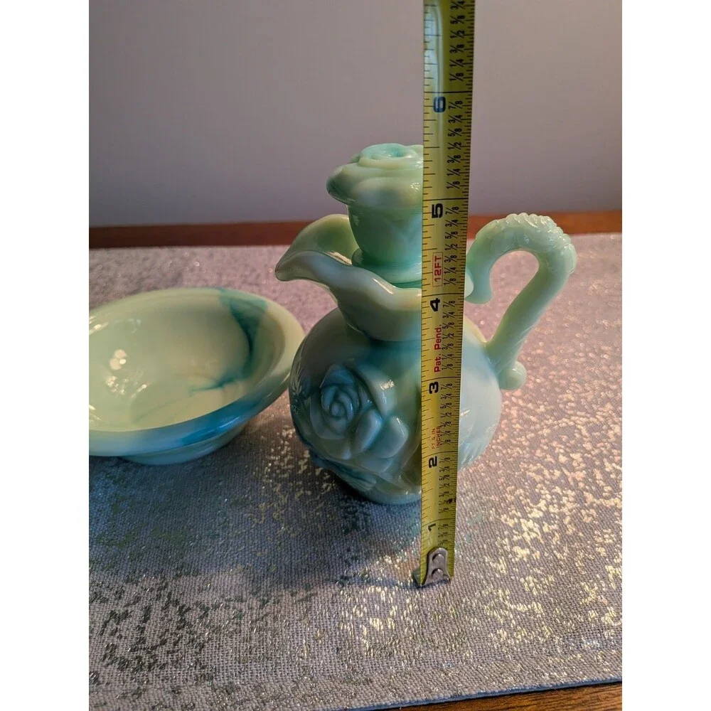 Green Milk Glass Pitcher Avon Basin Moonwind Bath Oil 5 1/2in Tall Vintage 70's